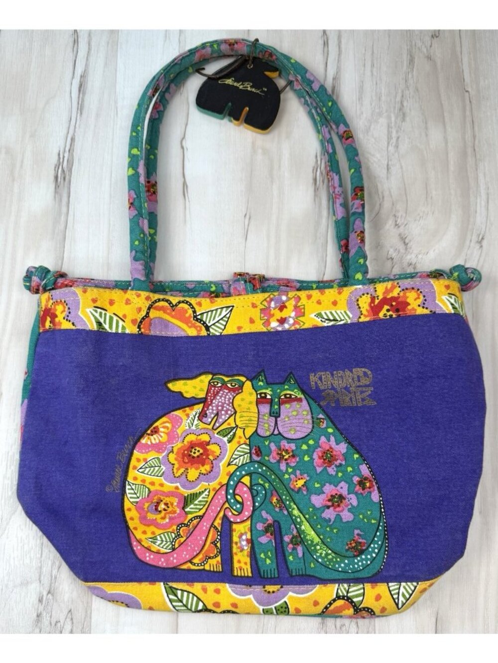 LAUREL BURCH 12x10x7 Multicolor Canvas KINDRED SPIRITS Cat & Dog Tote Bag Purse